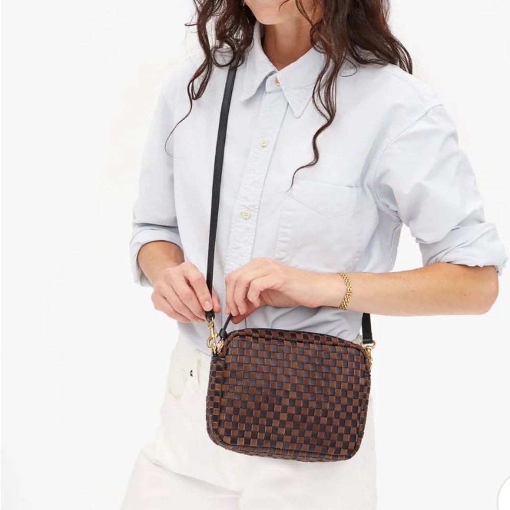 Clare V Midi Sac in Black/Chocolate Woven Checker